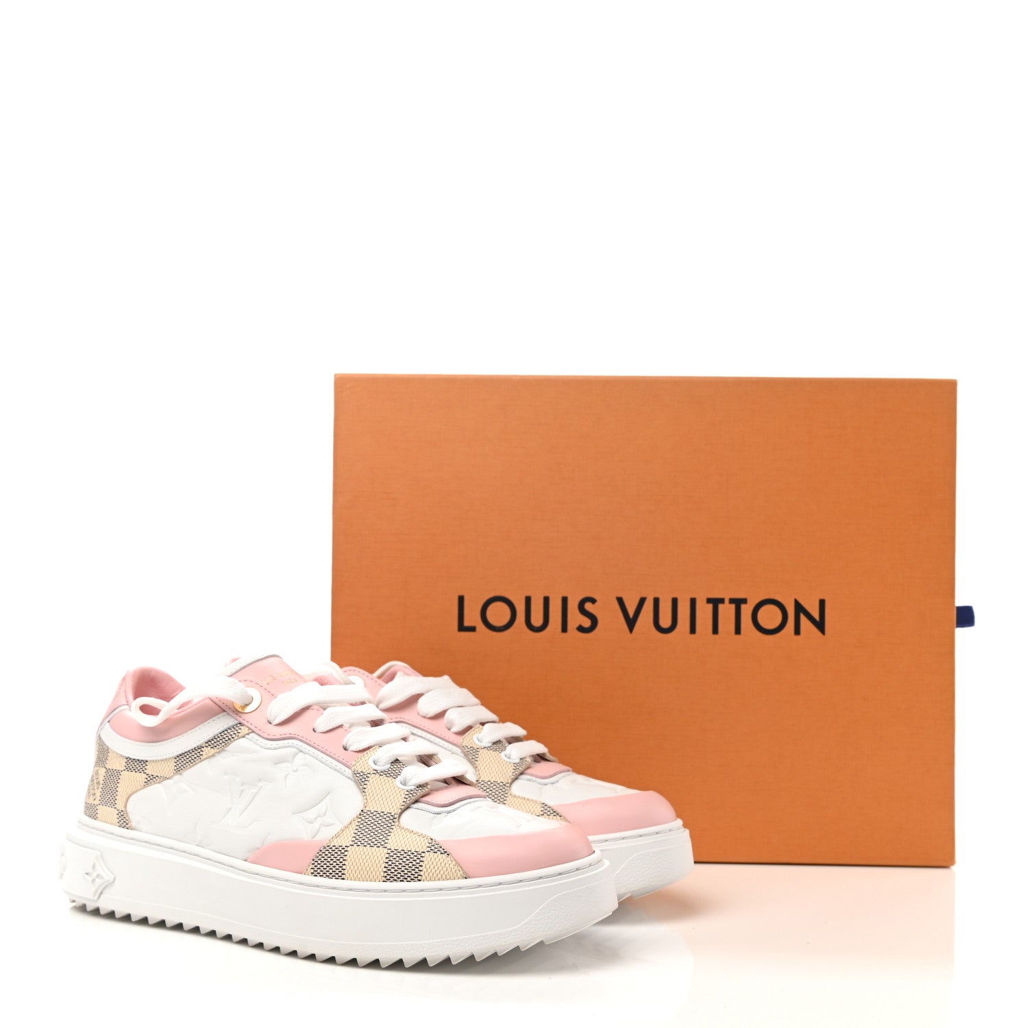 Louis Vuitton Monogram Embossed Calfskin Damier Azur Time Out Sneakers 37 Rose Clair Pink