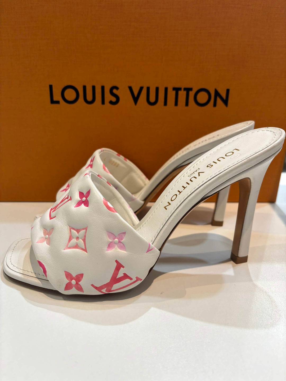 LOUIS VUITTON LAMBSKIN EMBOSSED MONOGRAM REVIVAL MULES