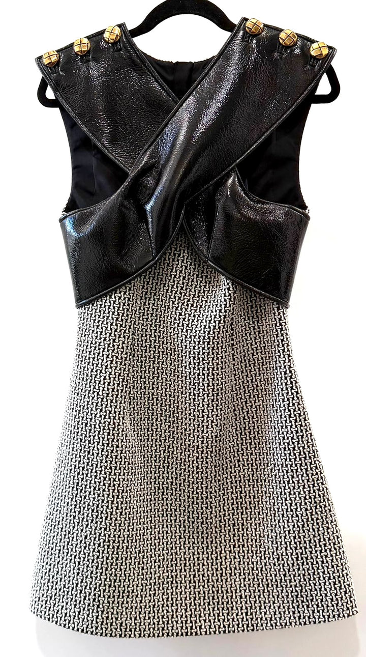 LOUIS VUITTON A-LINE LEATHER CRISS-CROSS BUST MINI DRESS