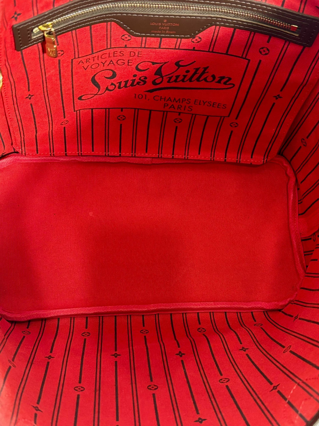 LOUIS VUITTON DAMIER EBENE NEVERFULL MM TOTE BAG CERISE RED