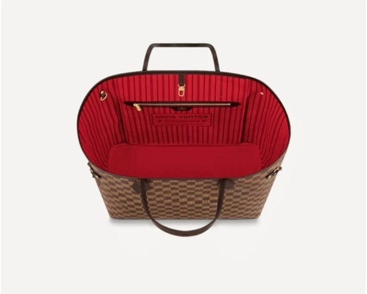 LOUIS VUITTON DAMIER EBENE NEVERFULL MM TOTE BAG CERISE RED