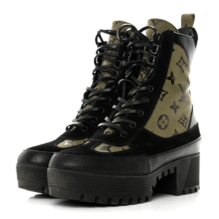 LOUIS VUITTON SUEDE MONOGRAM LAURETTE PLATFORM DESERT BOOTS