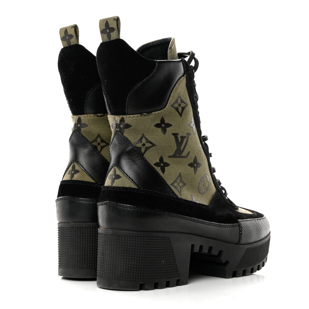 LOUIS VUITTON SUEDE MONOGRAM LAURETTE PLATFORM DESERT BOOTS  display picture 3