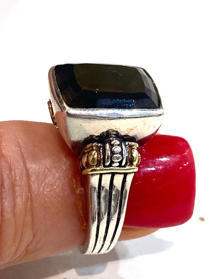 LAGOS VINTAGE STERLING SILVER 18K GOLD CAVIAR SMOKY QUARTZ RING