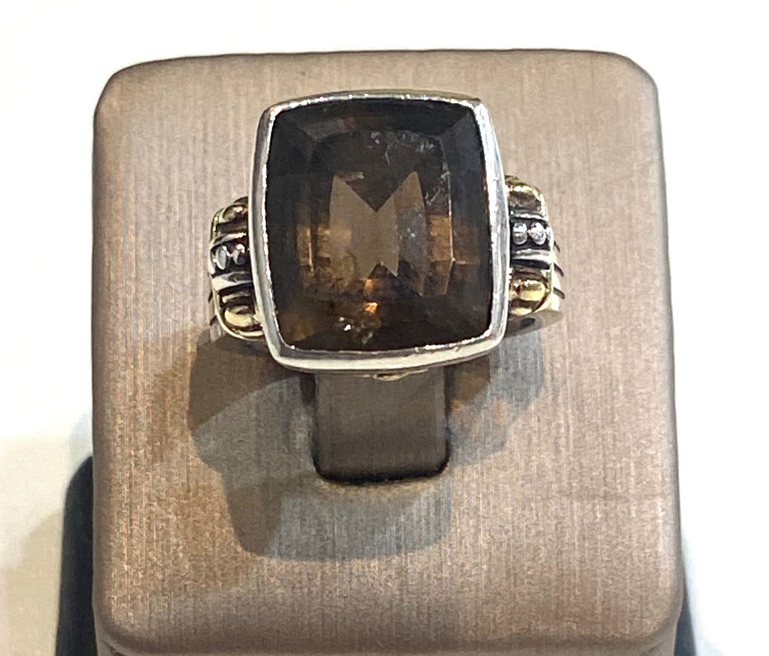 LAGOS VINTAGE STERLING SILVER 18K GOLD CAVIAR SMOKY QUARTZ RING