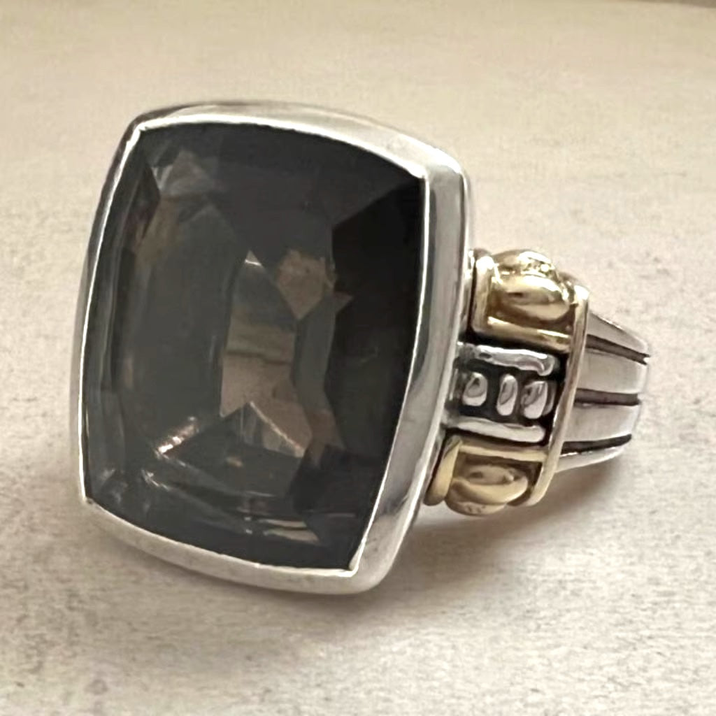 LAGOS VINTAGE STERLING SILVER 18K GOLD CAVIAR SMOKY QUARTZ RING