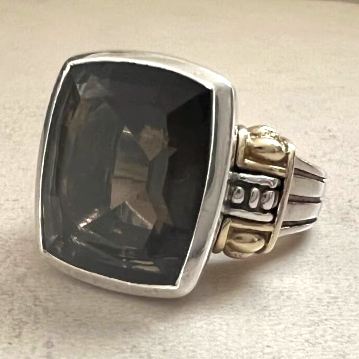 LAGOS VINTAGE STERLING SILVER 18K GOLD CAVIAR SMOKY QUARTZ RING