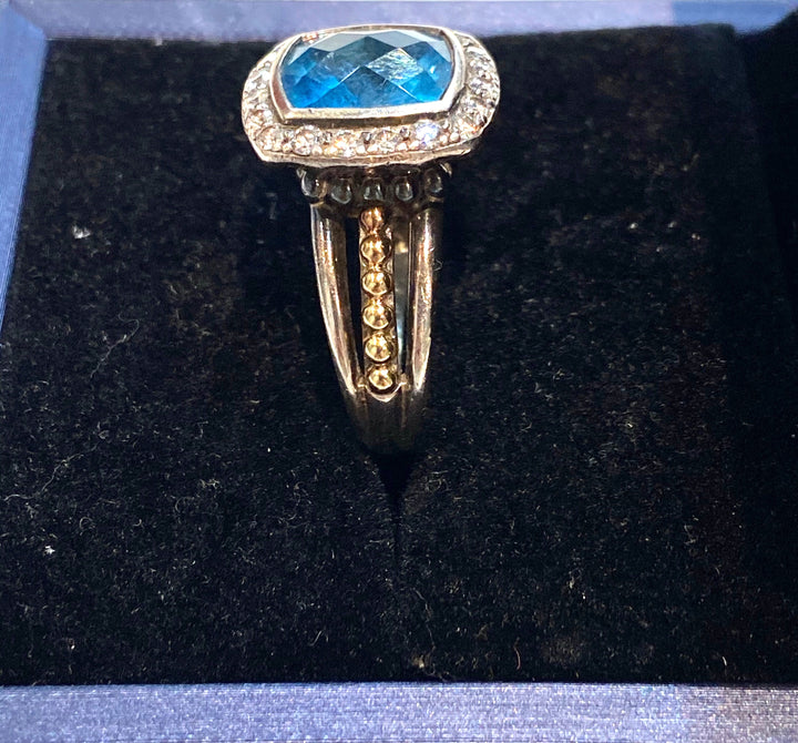 LAGOS SILVER 18K GOLD BLUE TOPAZ &amp; DIAMONDS RING