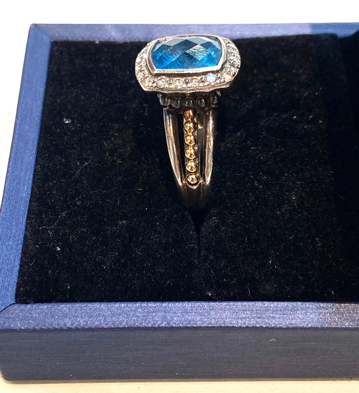 LAGOS SILVER 18K GOLD BLUE TOPAZ &amp; DIAMONDS RING