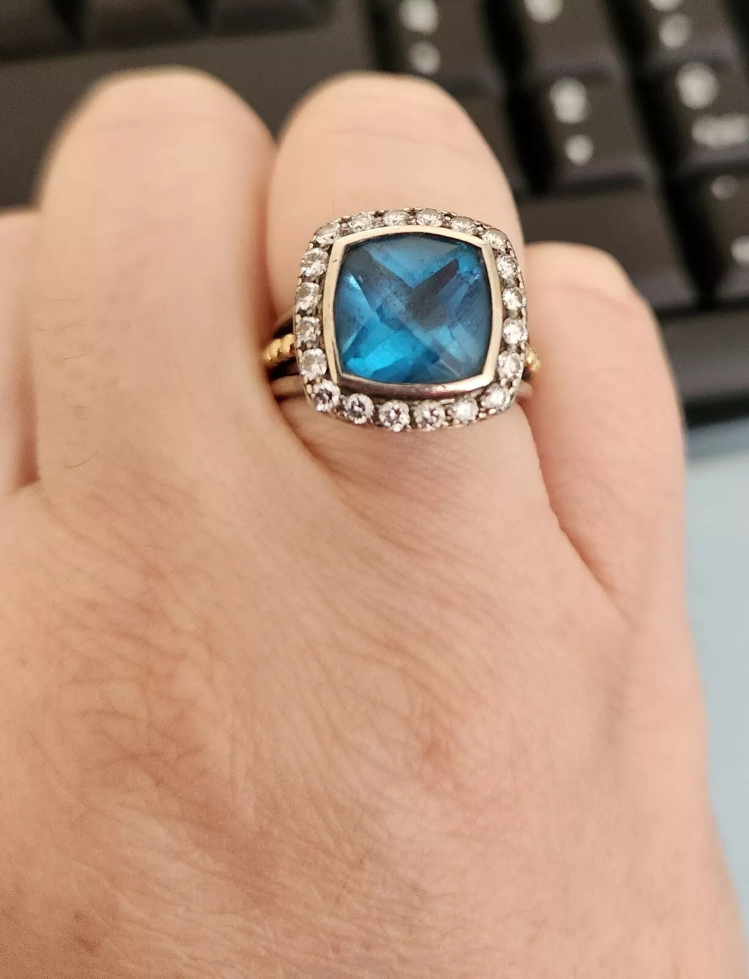 LAGOS SILVER 18K GOLD BLUE TOPAZ &amp; DIAMONDS RING