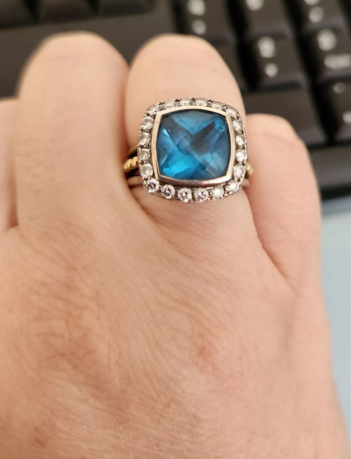 LAGOS SILVER 18K GOLD BLUE TOPAZ &amp; DIAMONDS RING