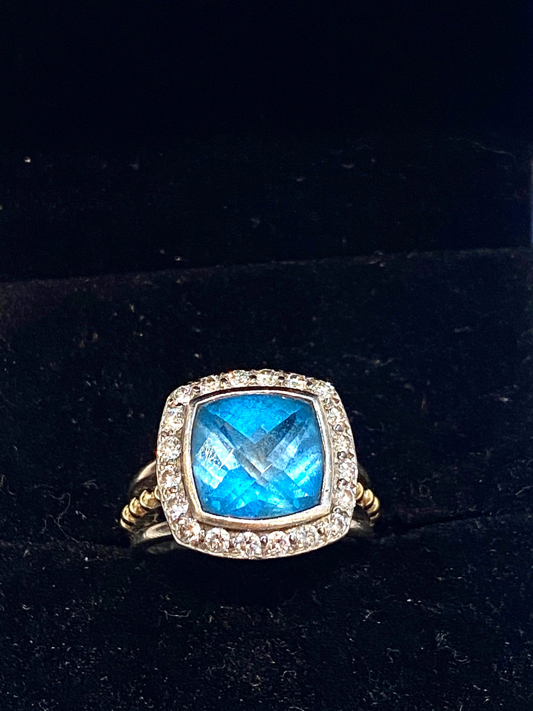 LAGOS SILVER 18K GOLD BLUE TOPAZ &amp; DIAMONDS RING