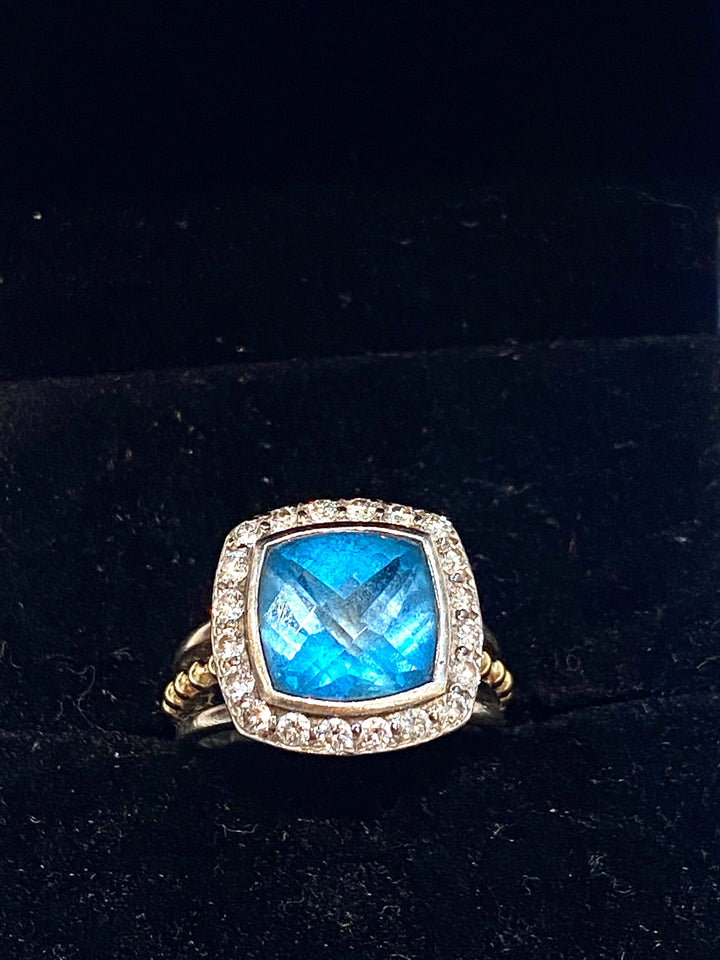 LAGOS SILVER 18K GOLD BLUE TOPAZ &amp; DIAMONDS RING