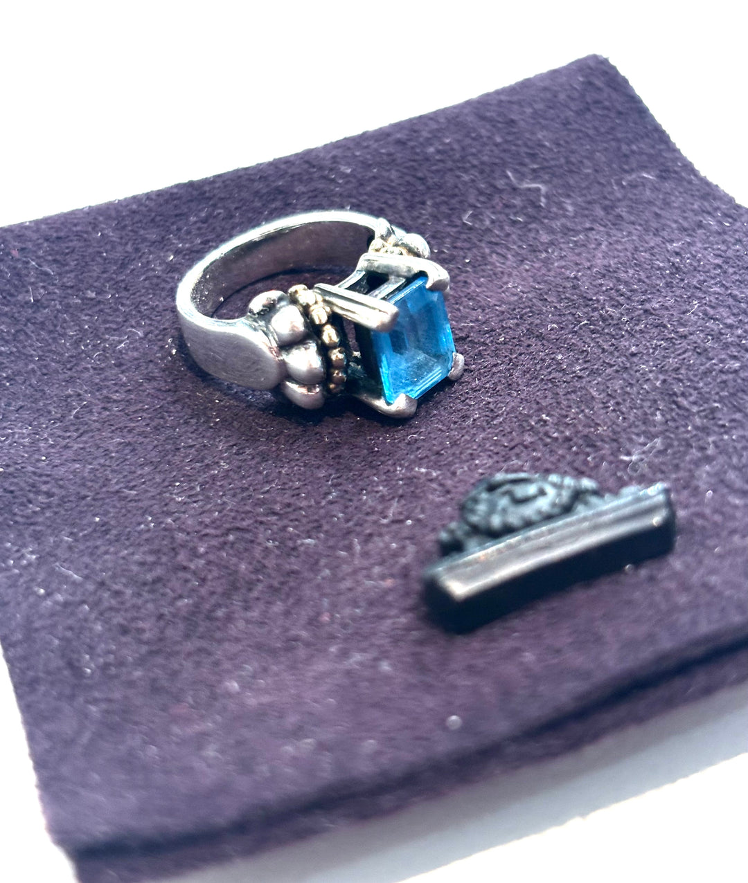 LAGOS STERLING SILVER 18K GOLD SMALL EMERALD CUT SWISS BLUE TOPAZ RING