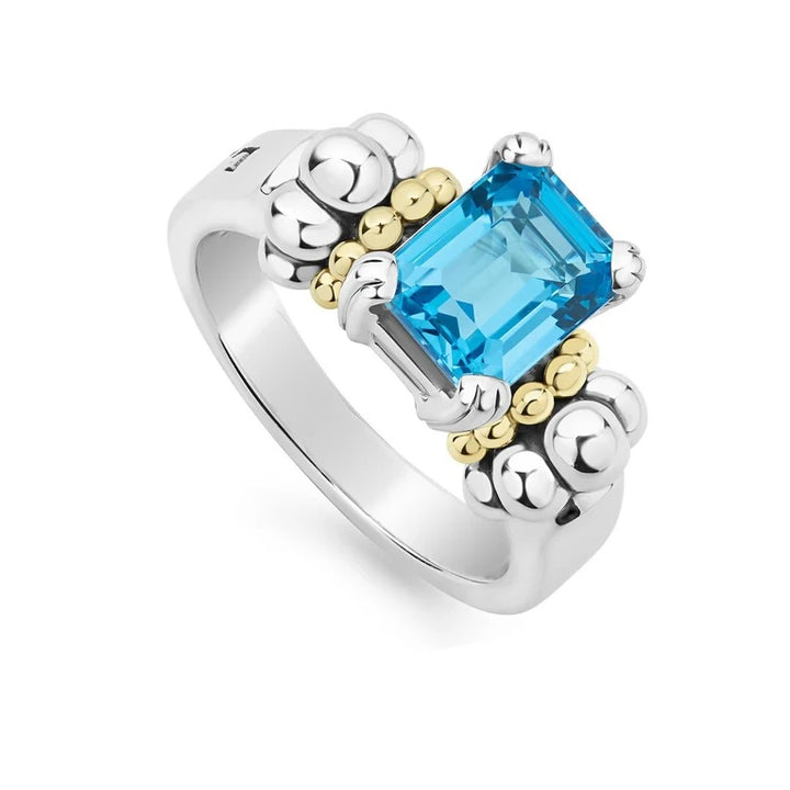 LAGOS STERLING SILVER 18K GOLD SMALL EMERALD CUT SWISS BLUE TOPAZ RING