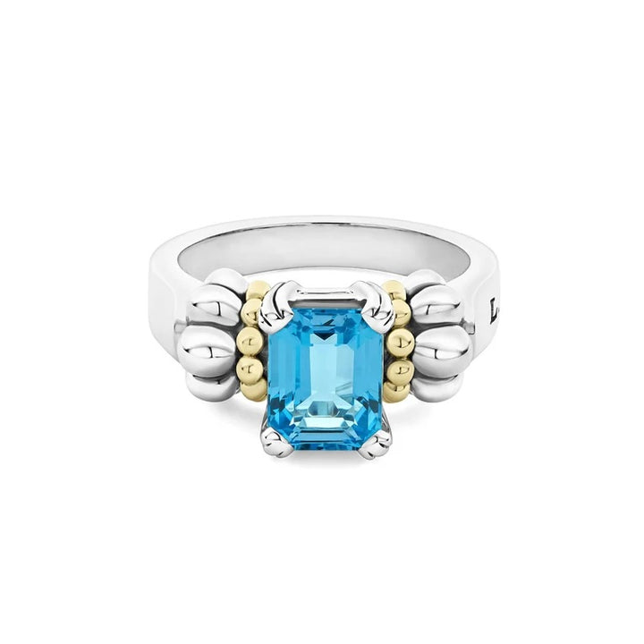 LAGOS STERLING SILVER 18K GOLD SMALL EMERALD CUT SWISS BLUE TOPAZ RING