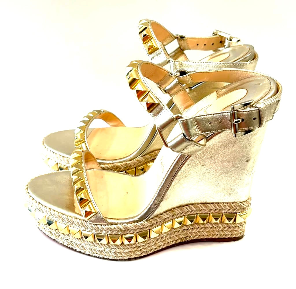 LOUBOUTIN ANABELA CATACLOU 140 METALLIC GOLD LEATHER ESPADRILLES