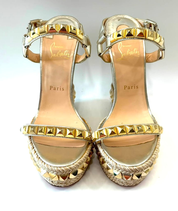 LOUBOUTIN ANABELA CATACLOU 140 METALLIC GOLD LEATHER ESPADRILLES