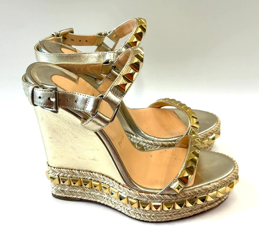 LOUBOUTIN ANABELA CATACLOU 140 METALLIC GOLD LEATHER ESPADRILLES