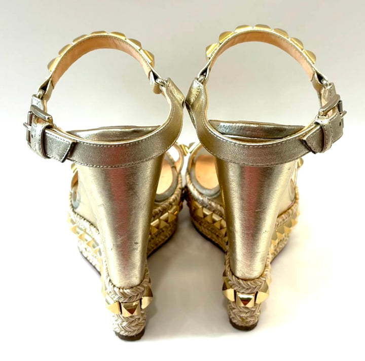 LOUBOUTIN ANABELA CATACLOU 140 METALLIC GOLD LEATHER ESPADRILLES