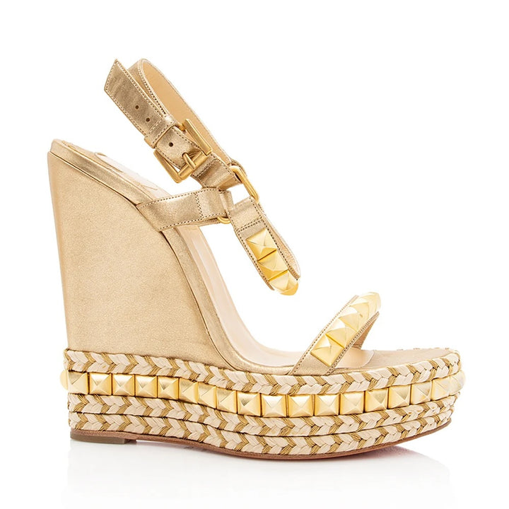 LOUBOUTIN ANABELA CATACLOU 140 METALLIC GOLD LEATHER ESPADRILLES
