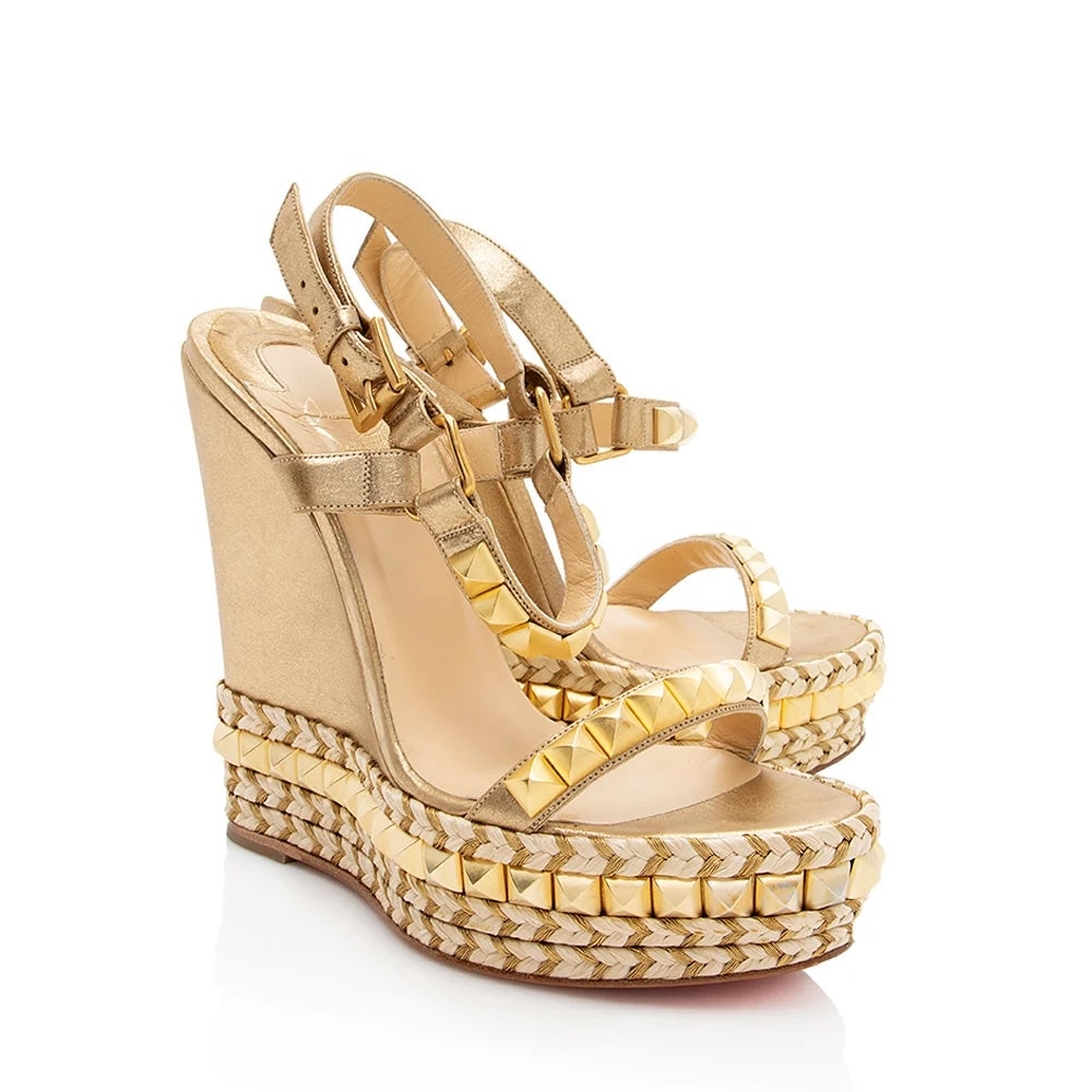 LOUBOUTIN ANABELA CATACLOU 140 METALLIC GOLD LEATHER ESPADRILLES