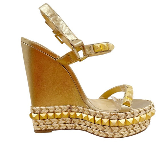 LOUBOUTIN ANABELA CATACLOU 140 METALLIC GOLD LEATHER ESPADRILLES