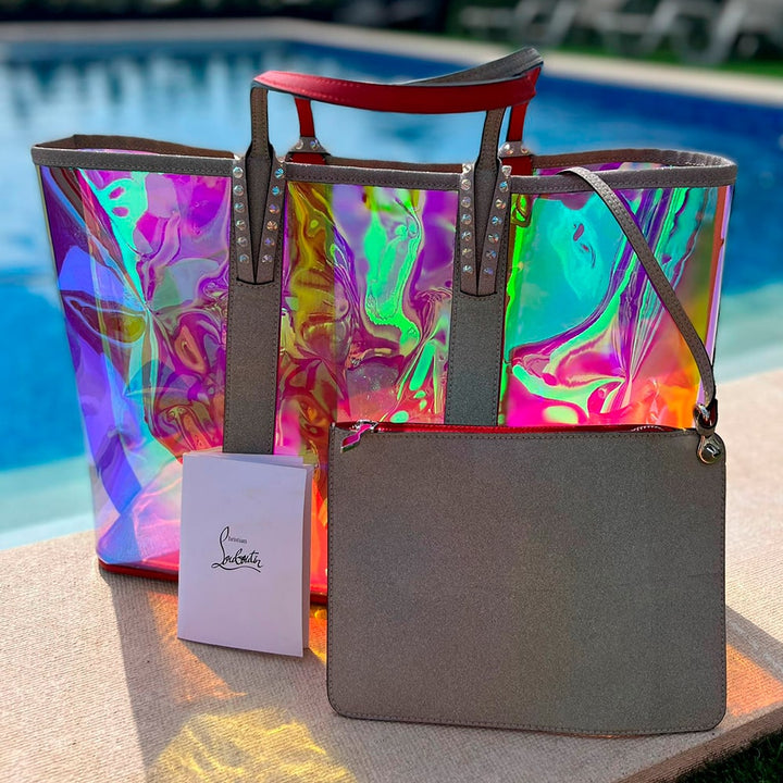 LOUBOUTIN MULTICOLOR CABATA IRIDESCENT GLITTER PVC LARGE TOTE BAG
