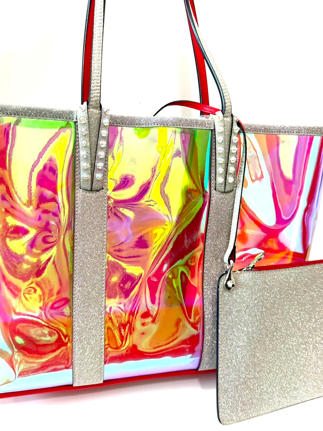 LOUBOUTIN MULTICOLOR CABATA IRIDESCENT GLITTER PVC LARGE TOTE BAG