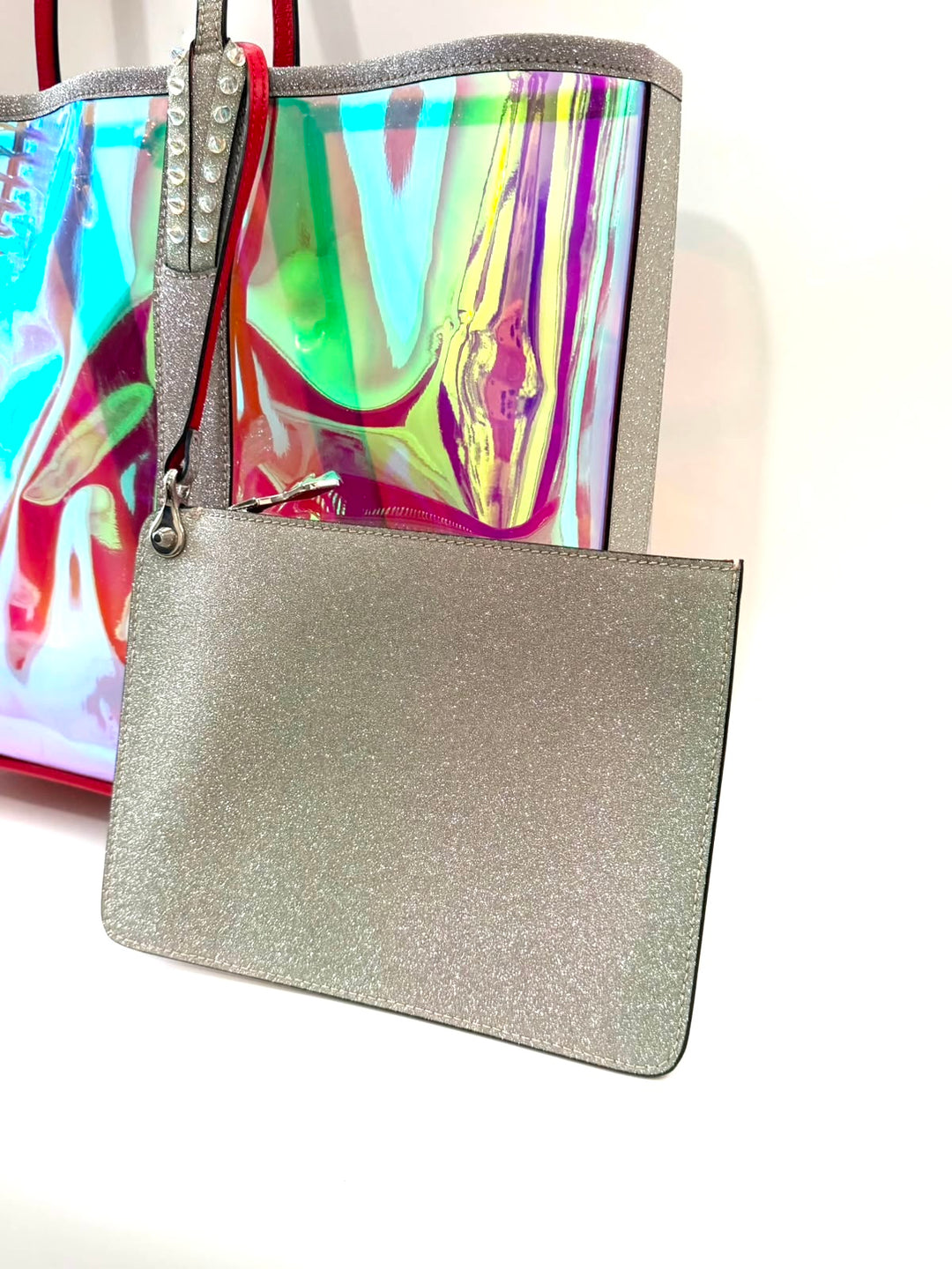 LOUBOUTIN MULTICOLOR CABATA IRIDESCENT GLITTER PVC LARGE TOTE BAG