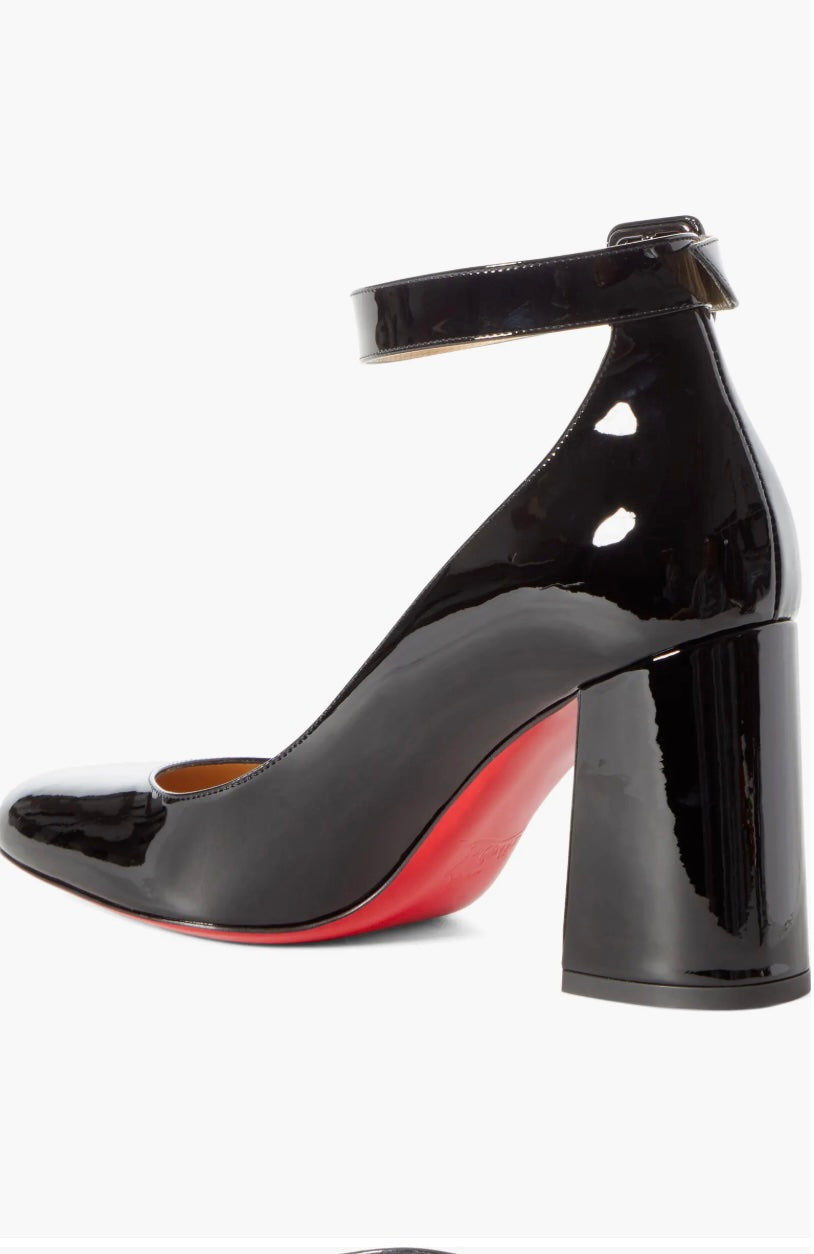LOUBOUTIN CALF PATENT SOVAL ANKLE STRAP PUMPS
