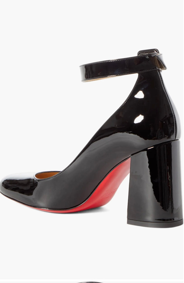 LOUBOUTIN CALF PATENT SOVAL ANKLE STRAP PUMPS