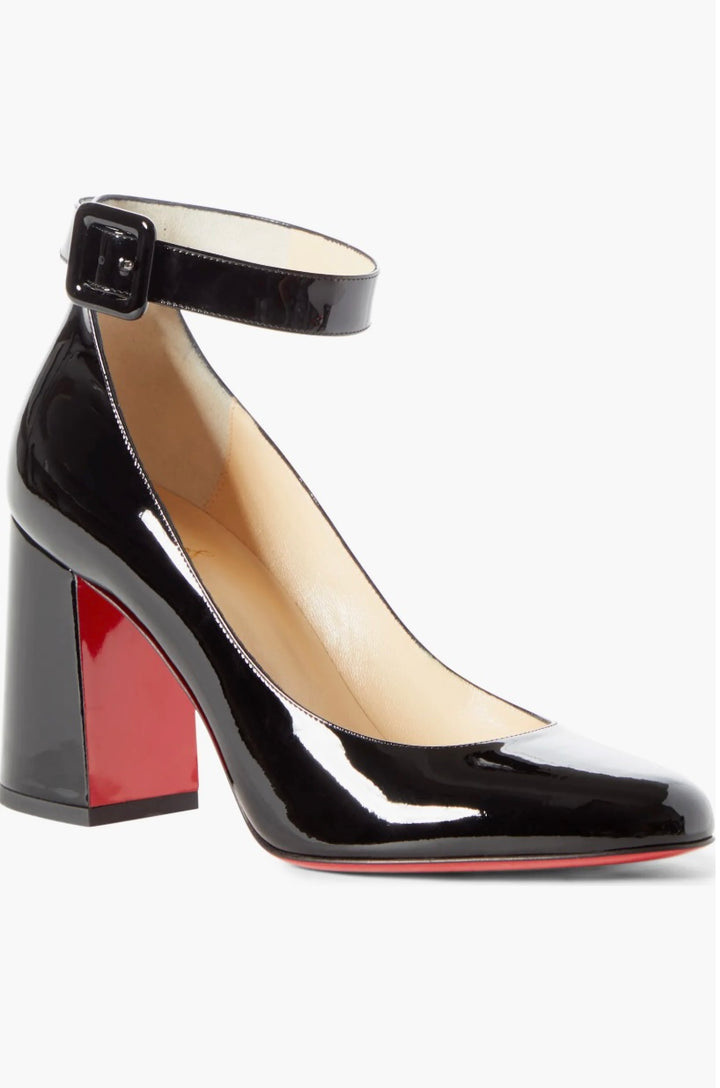 LOUBOUTIN CALF PATENT SOVAL ANKLE STRAP PUMPS