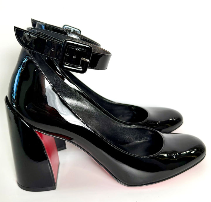 LOUBOUTIN CALF PATENT SOVAL ANKLE STRAP PUMPS