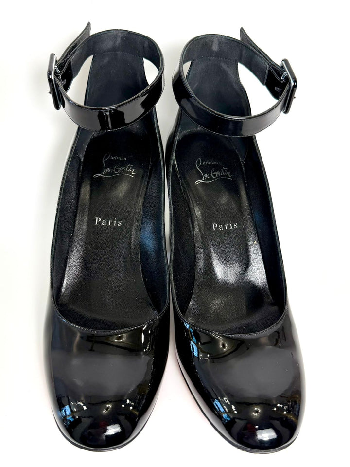 LOUBOUTIN CALF PATENT SOVAL ANKLE STRAP PUMPS