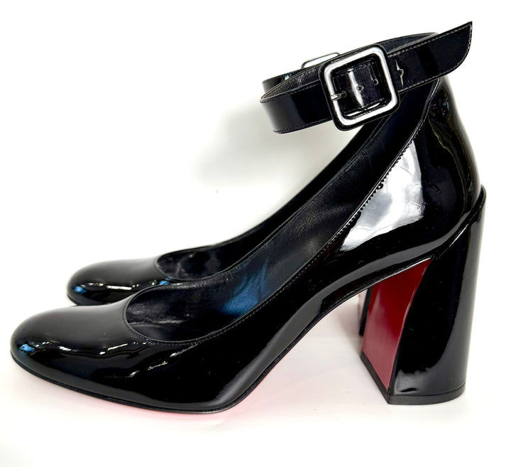 LOUBOUTIN CALF PATENT SOVAL ANKLE STRAP PUMPS