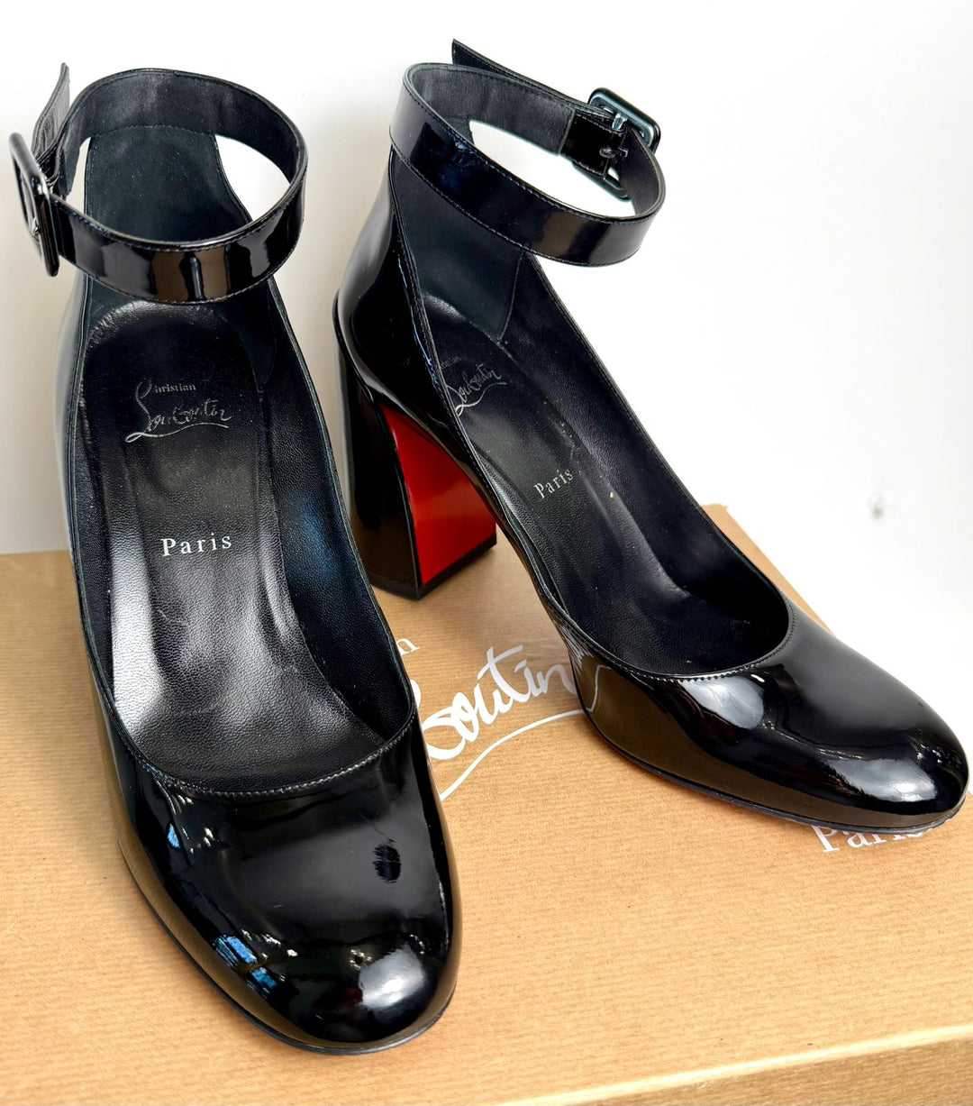 LOUBOUTIN CALF PATENT SOVAL ANKLE STRAP PUMPS