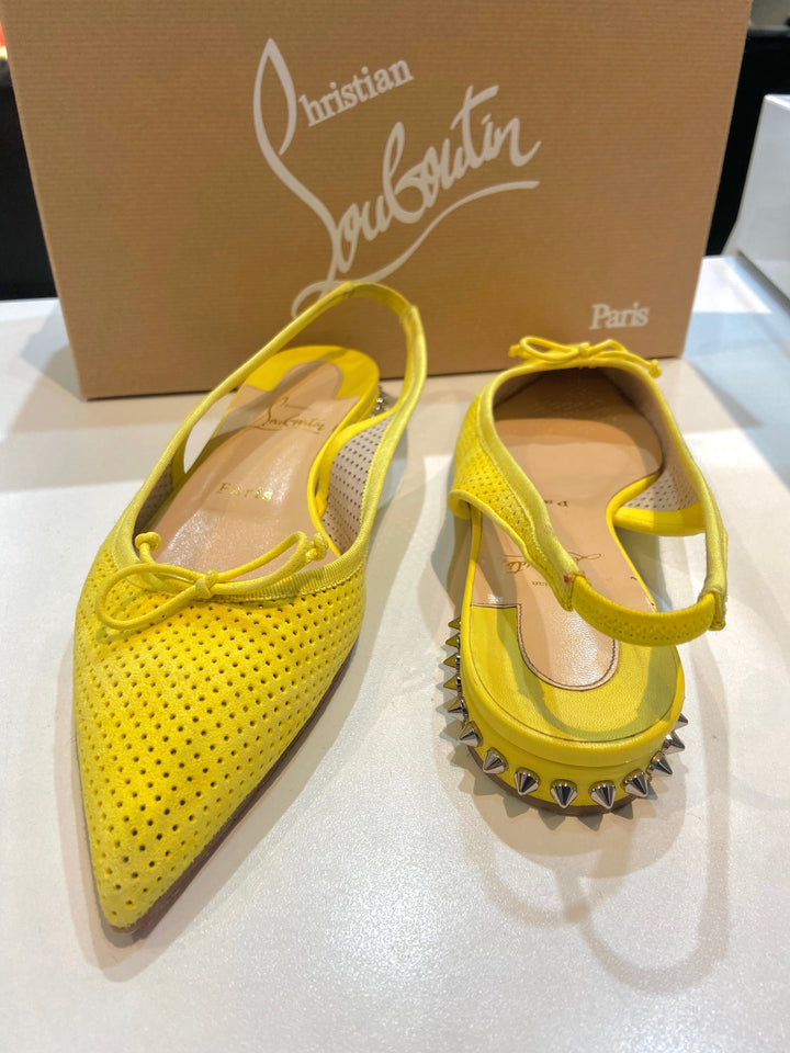 LOUBOUTIN CITRON PERFORATED SUEDE SPIKED HALL SLINGBACK FLATS