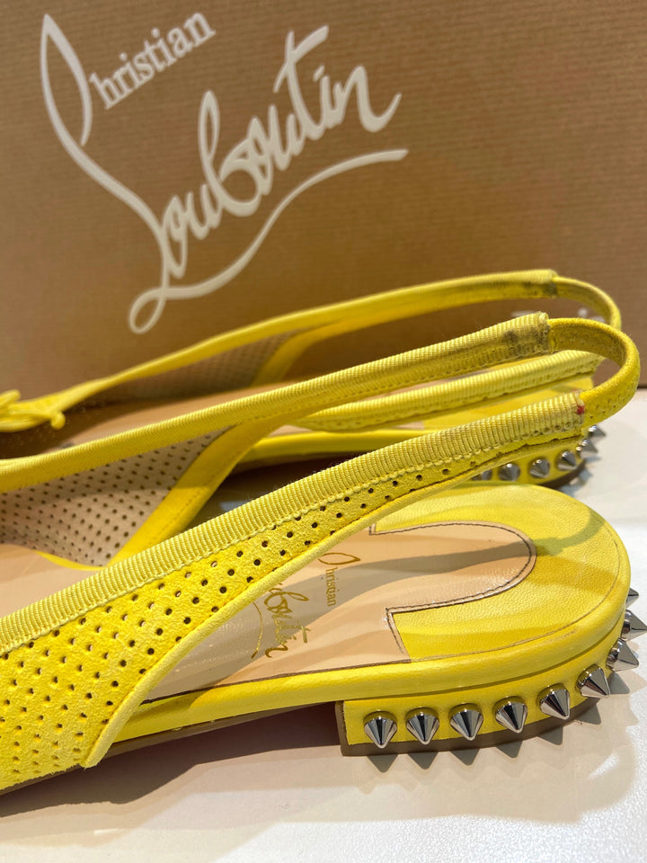 LOUBOUTIN CITRON PERFORATED SUEDE SPIKED HALL SLINGBACK FLATS