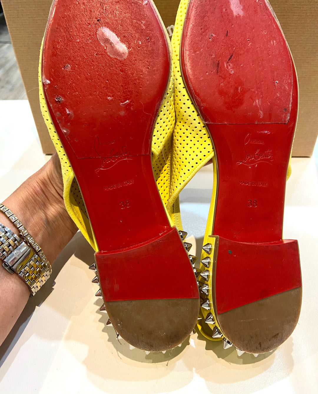 LOUBOUTIN CITRON PERFORATED SUEDE SPIKED HALL SLINGBACK FLATS