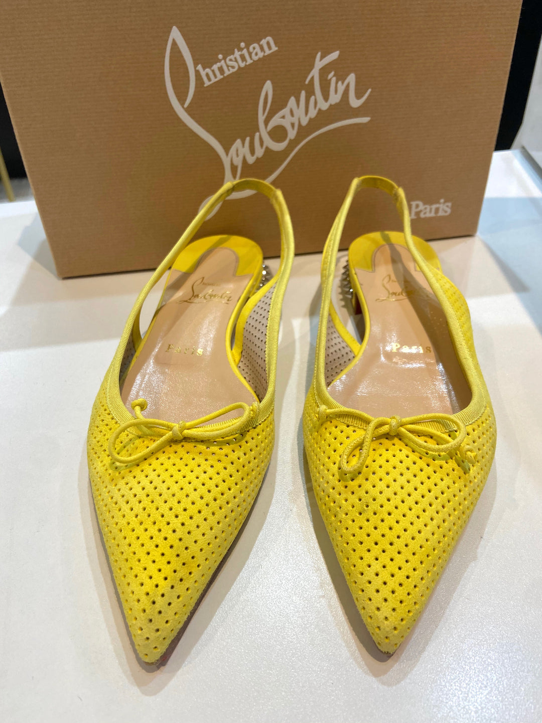 LOUBOUTIN CITRON PERFORATED SUEDE SPIKED HALL SLINGBACK FLATS