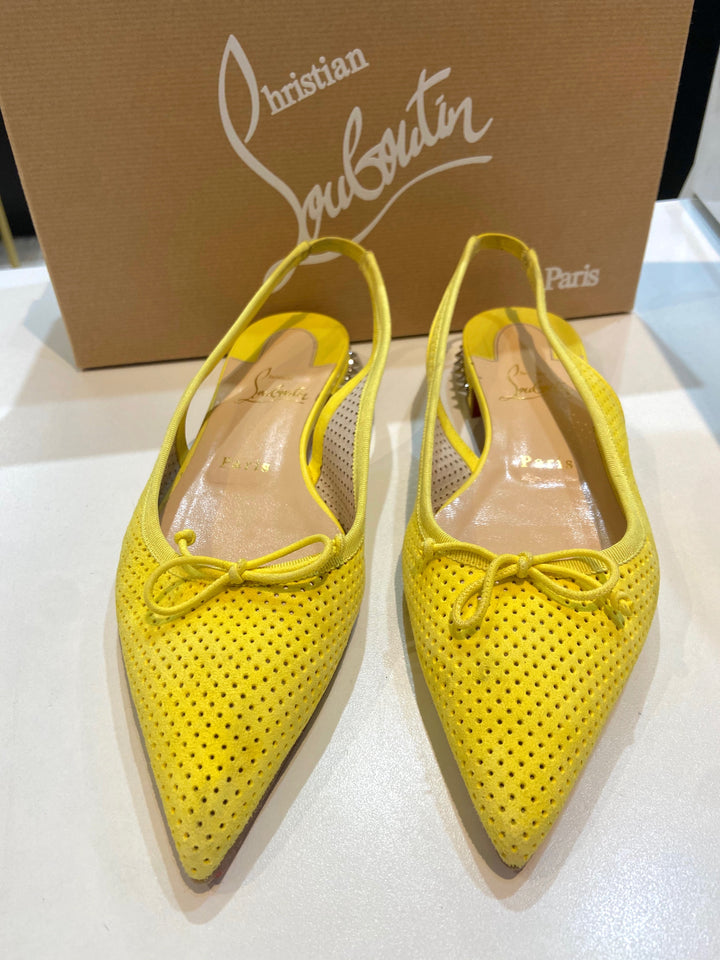 LOUBOUTIN CITRON PERFORATED SUEDE SPIKED HALL SLINGBACK FLATS