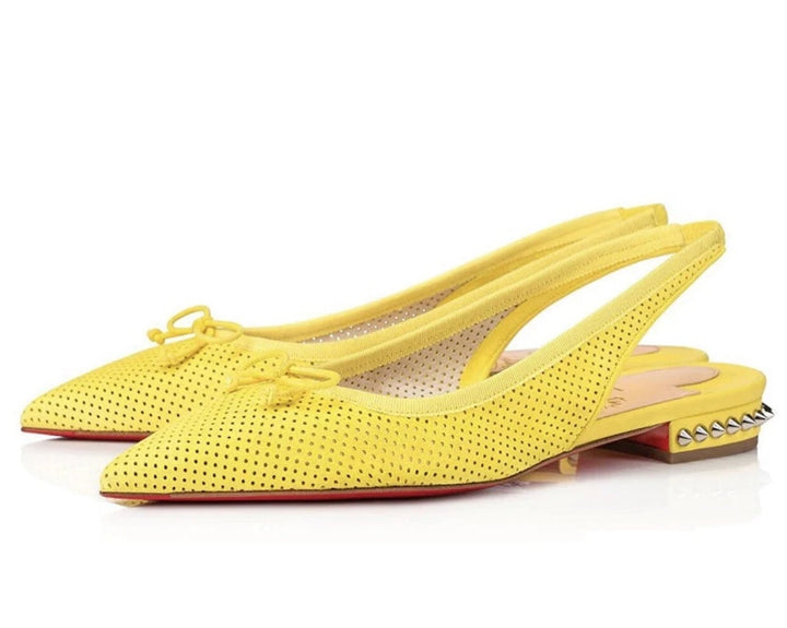 LOUBOUTIN CITRON PERFORATED SUEDE SPIKED HALL SLINGBACK FLATS