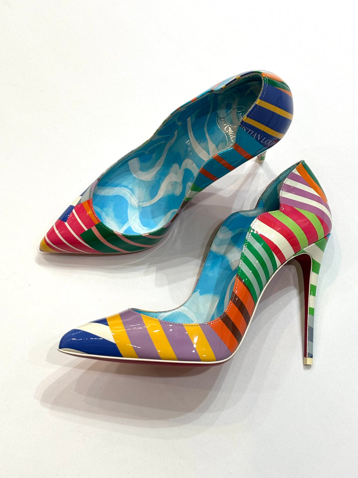LOUBOUTIN HOT CHICK 100 STRIPE PATENT LEATHER PUMPS