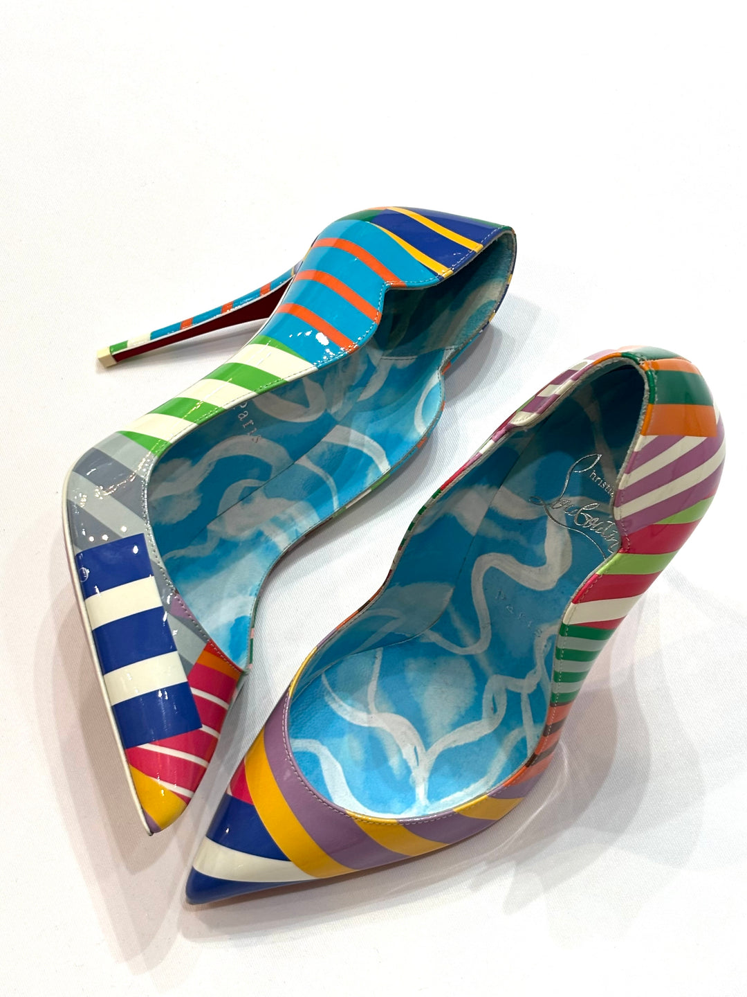 LOUBOUTIN HOT CHICK 100 STRIPE PATENT LEATHER PUMPS