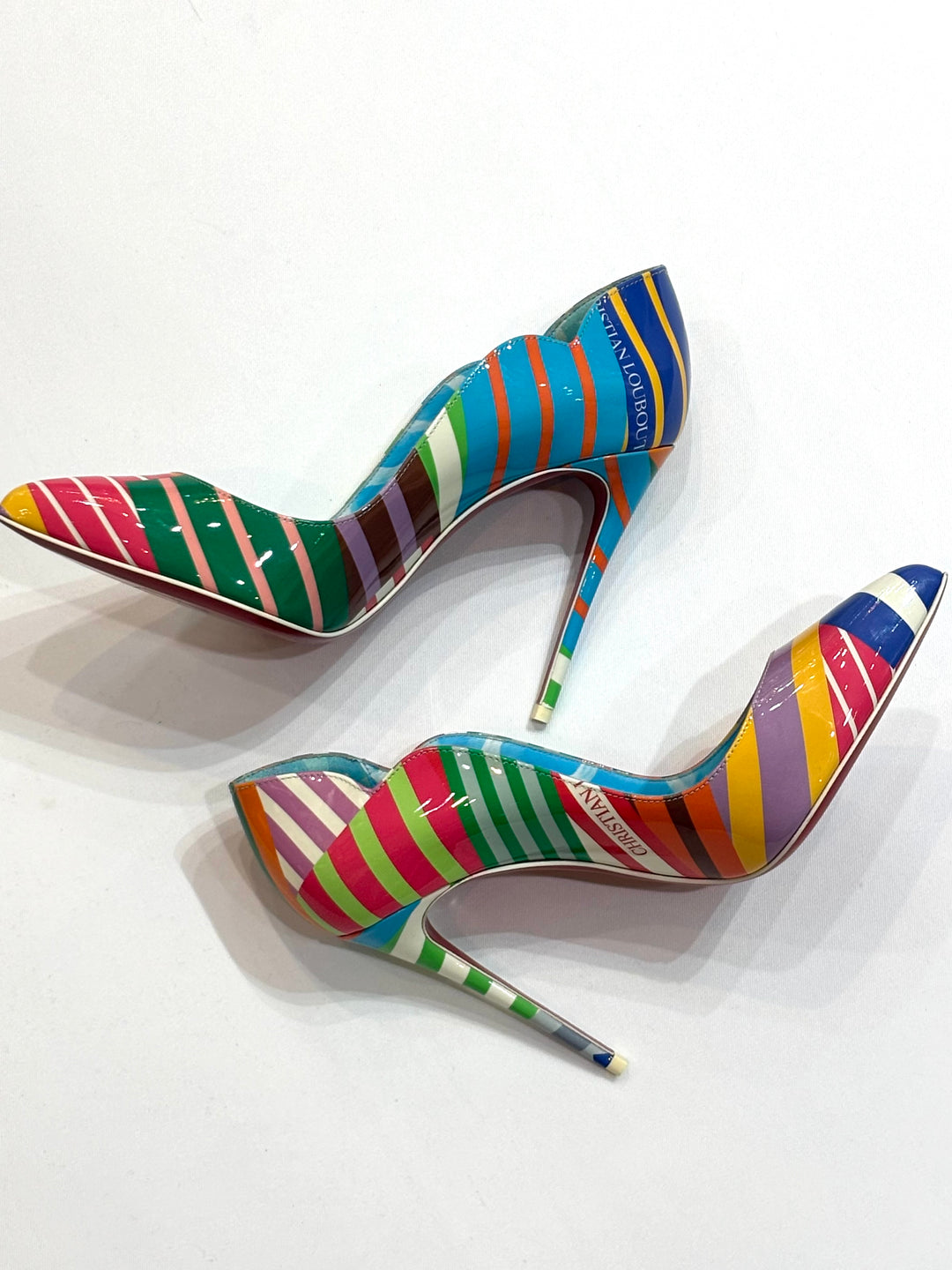 LOUBOUTIN HOT CHICK 100 STRIPE PATENT LEATHER PUMPS