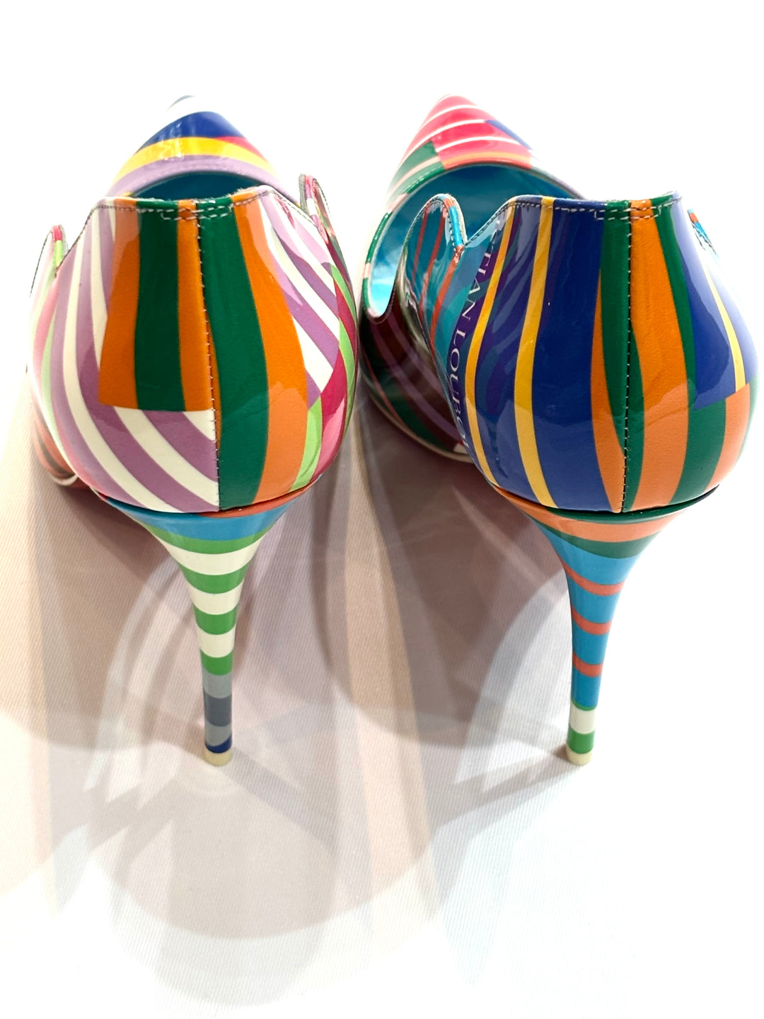 LOUBOUTIN HOT CHICK 100 STRIPE PATENT LEATHER PUMPS