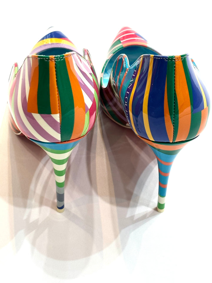 LOUBOUTIN HOT CHICK 100 STRIPE PATENT LEATHER PUMPS