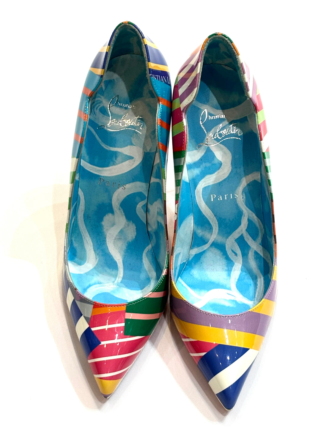 LOUBOUTIN HOT CHICK 100 STRIPE PATENT LEATHER PUMPS