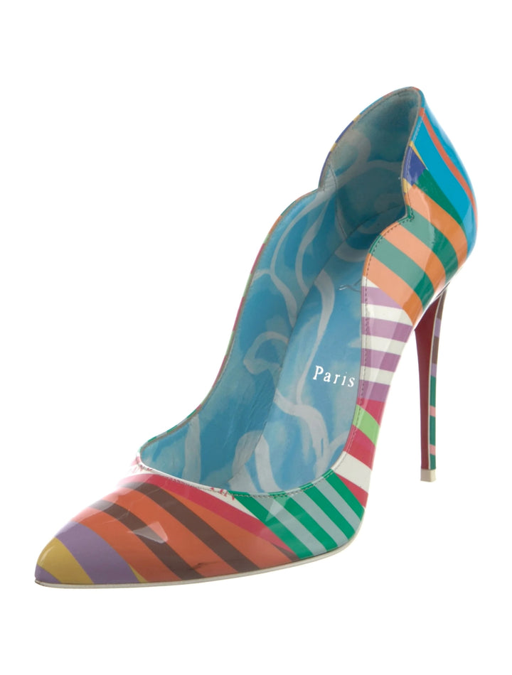 LOUBOUTIN HOT CHICK 100 STRIPE PATENT LEATHER PUMPS